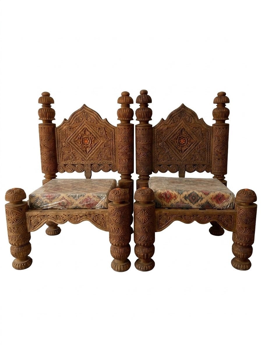 Hand-Carved Wooden Low Seating Chairs Set – Traditional Swati Design