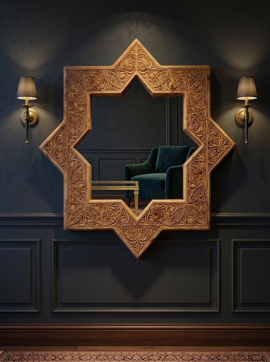 Hand Carved Wooden Wall Mirror Design - Star Shaped Mirror