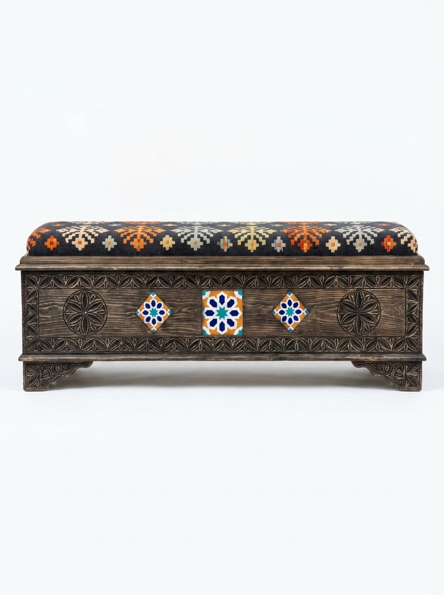 Hand-Carved Wooden Storage Bench with Mosaic Tile Swati Art Ottoman