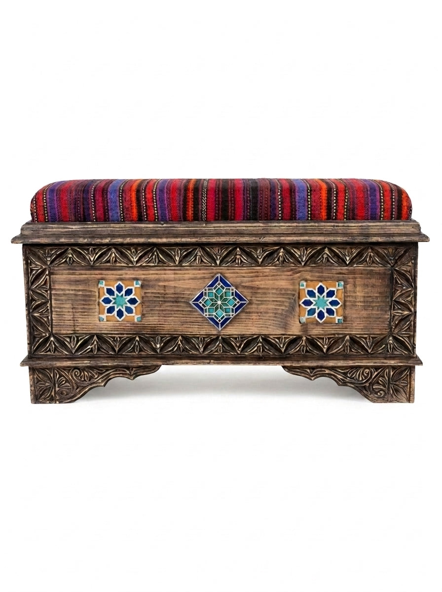 Hand-Carved Swati Wooden Storage Bench with Striped Kilim Cushion