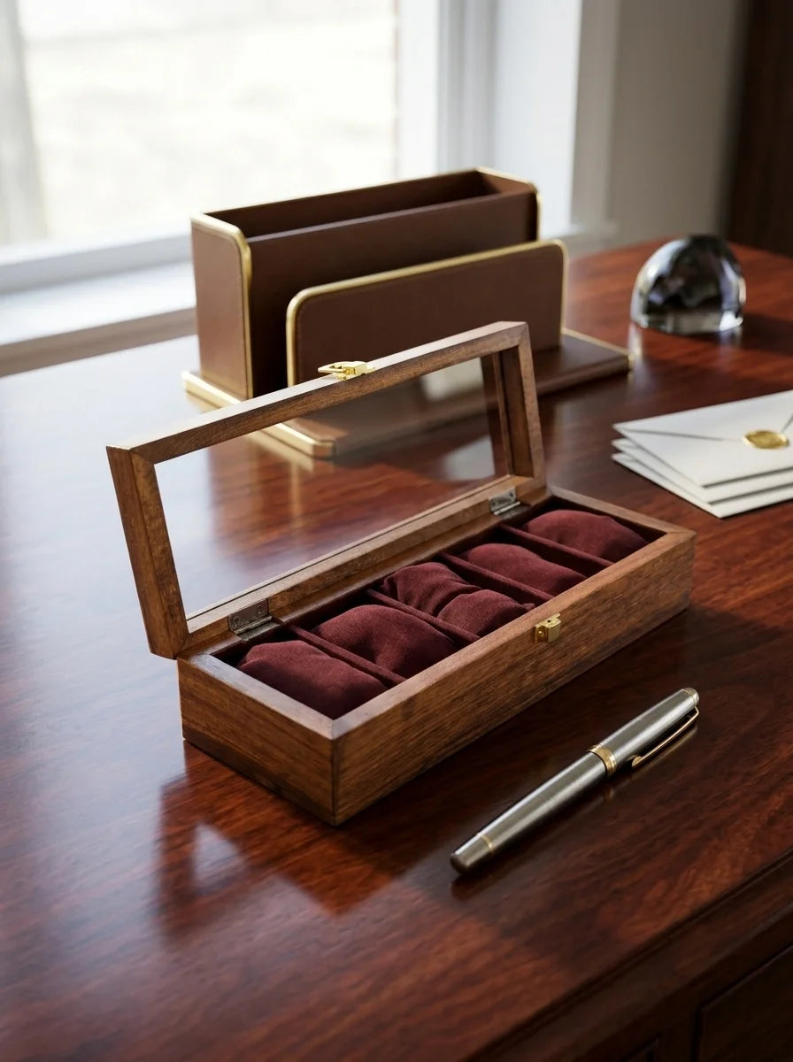 Handcrafted Sheesham Wood Watch Box with Glass Lid | Organizer for 5 Watches