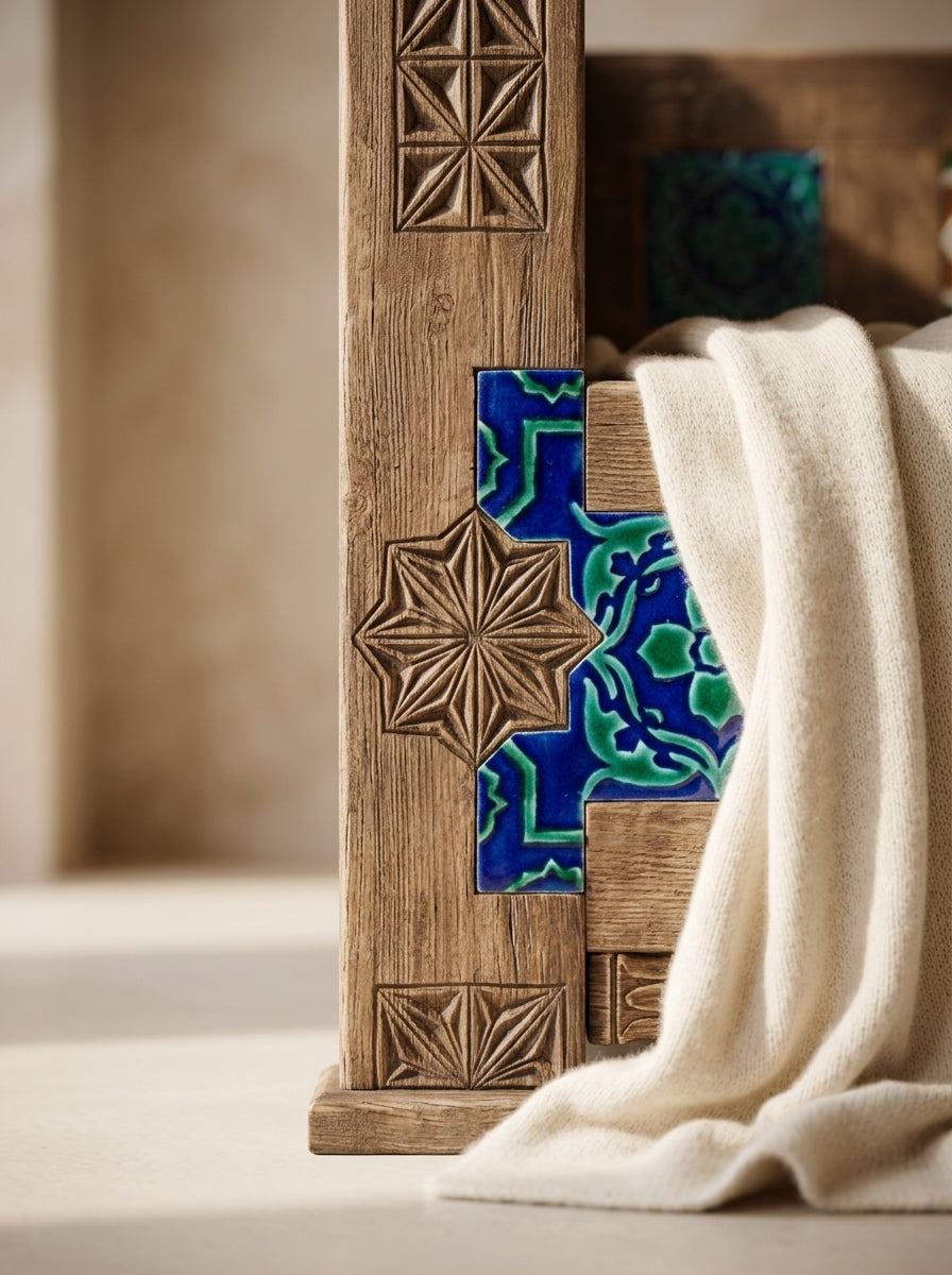 Hand-Carved Swati Art Wooden Bench – Traditional Tile Inlay 2 Seater Bench