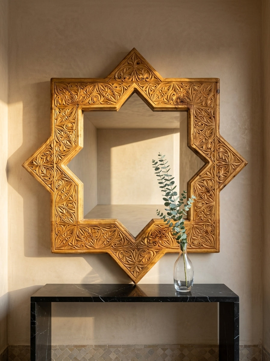 Hand Carved Wooden Wall Mirror Design - Star Shaped Mirror
