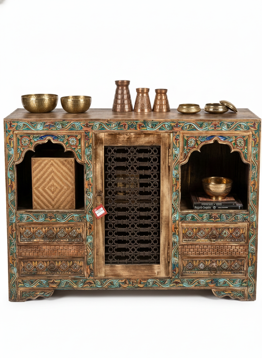 Hand-Carved Wooden Jharokha Sideboard Swati Art Door Accent Cabinet