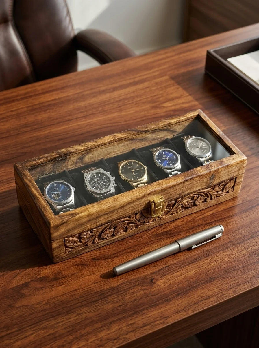 Handcrafted Wooden Watch Box 5 Slots | All-Around Carved | Soft Velvet | Sheesham Wood