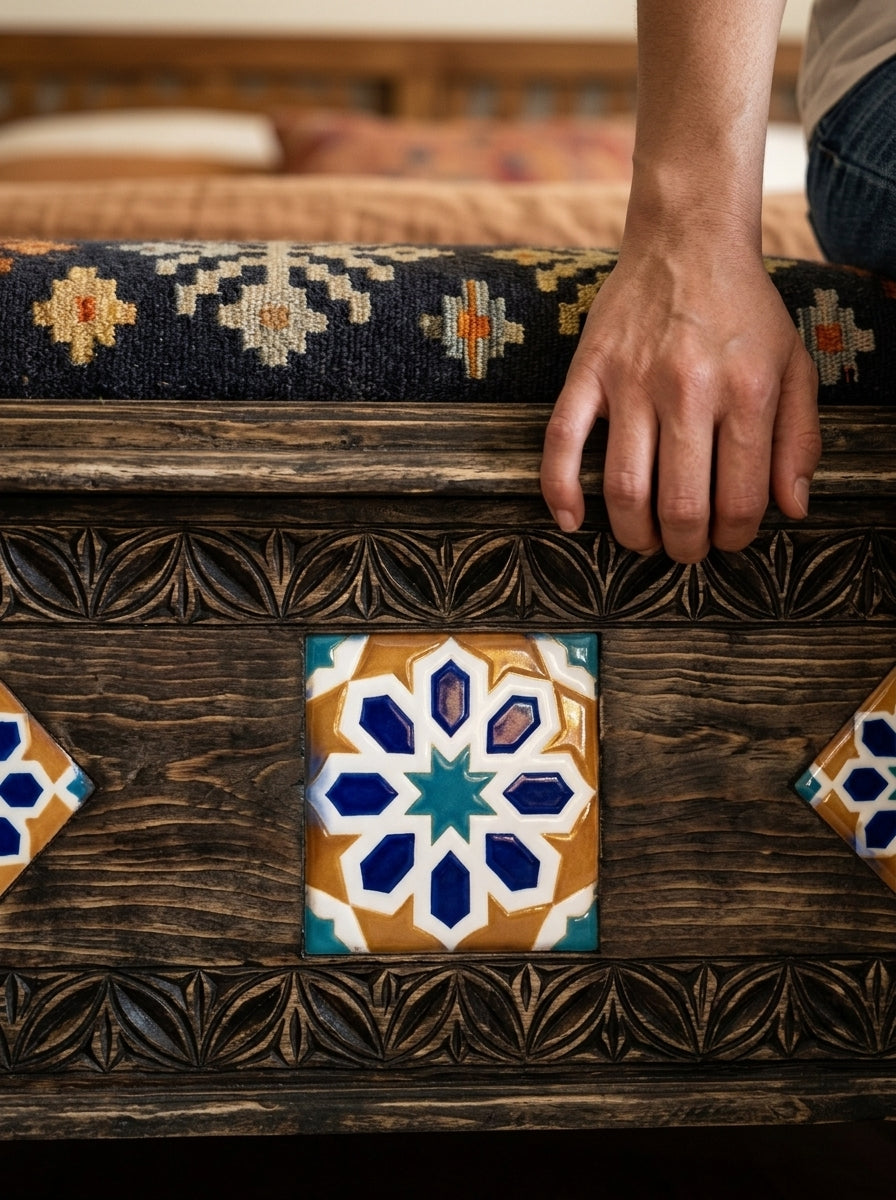 Hand-Carved Wooden Storage Bench with Mosaic Tile Swati Art Ottoman