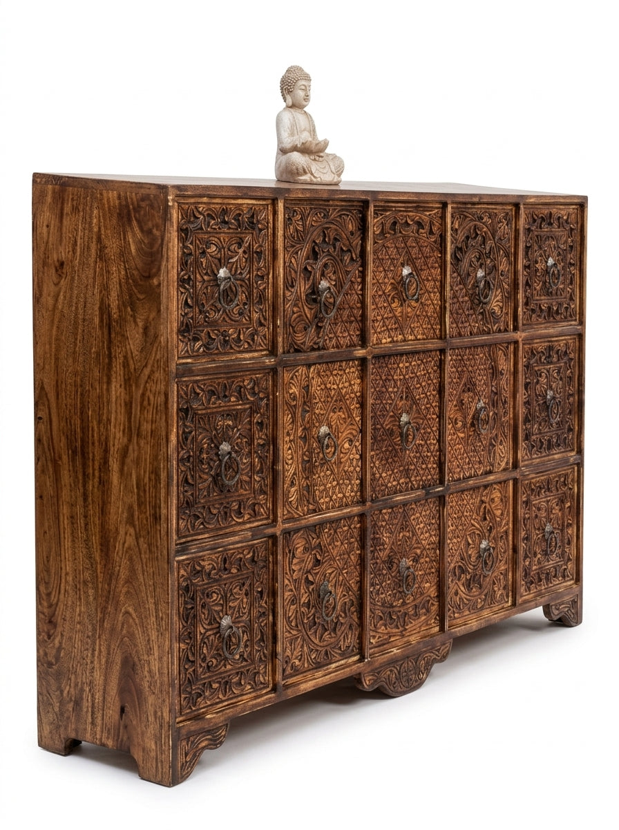 Hand-Carved Wooden 15-Drawer Apothecary Cabinet - Pure Wooden Cabinet