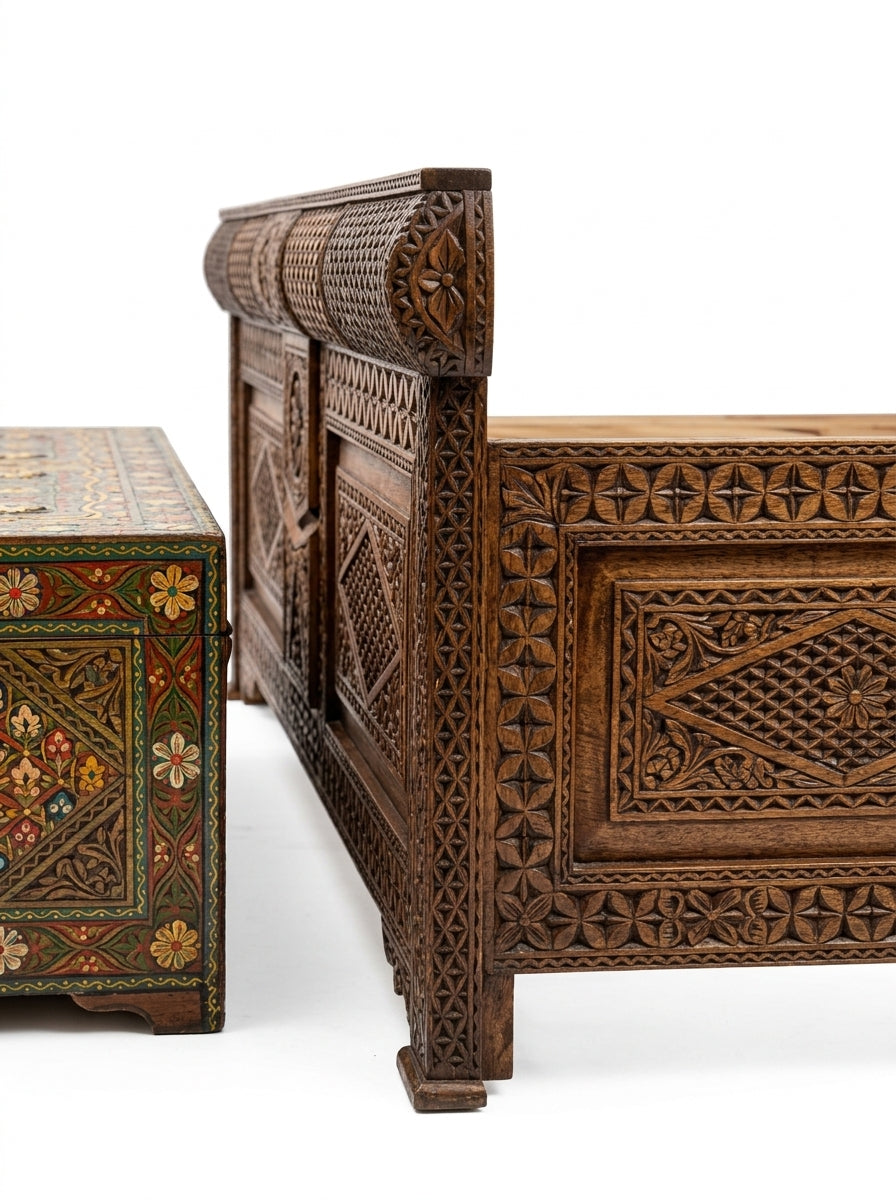 Hand-Carved Swati Wooden Bed Set – King Bed with Nightstands & Trunk