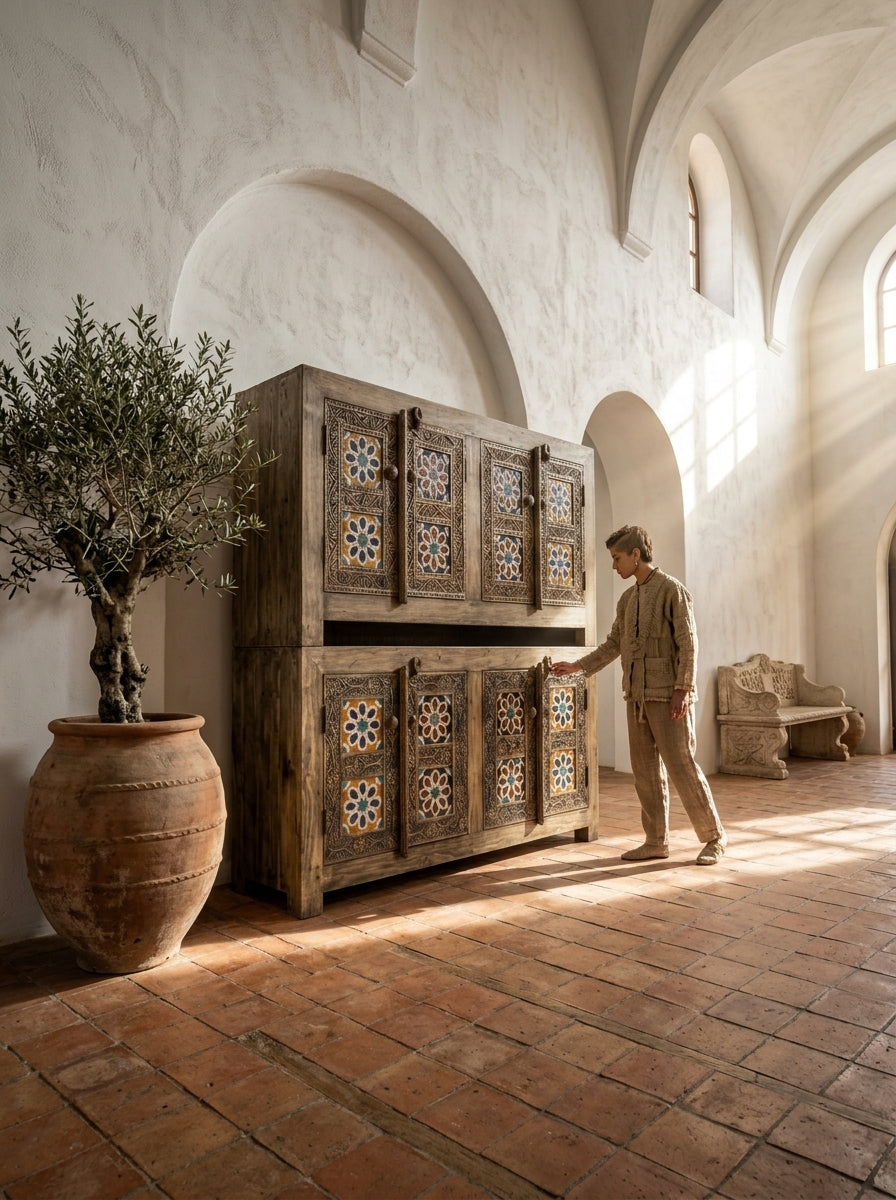 Hand-Carved Wooden 4-Door Swati Storage Cabinet – Tile Inlay Art