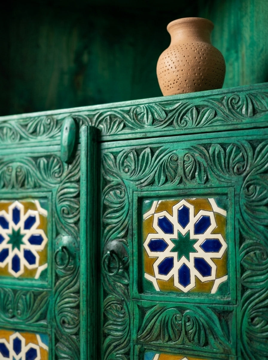 Hand-Carved Swati Green Wooden Corner Cabinet – Tile Inlay Cabinet