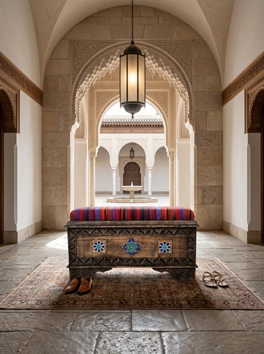 Hand-Carved Swati Wooden Storage Bench with Striped Kilim Cushion