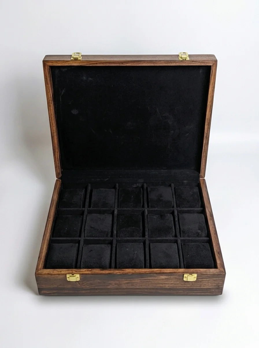 Handcrafted Wooden Watch Box | Plain Top, Plain Design, Shape-Holding Cushions, 15 Watches
