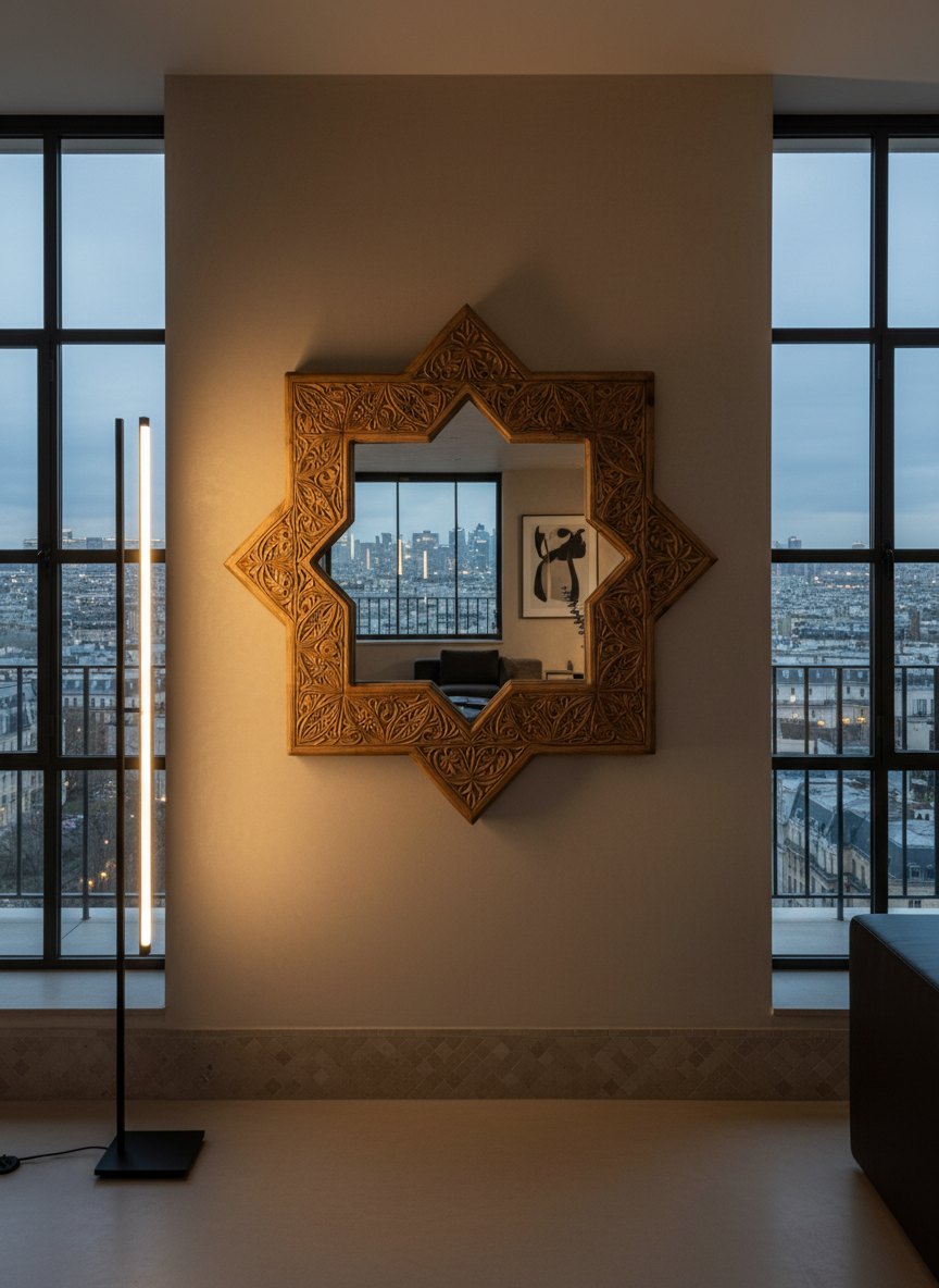 Hand Carved Wooden Wall Mirror Design - Star Shaped Mirror