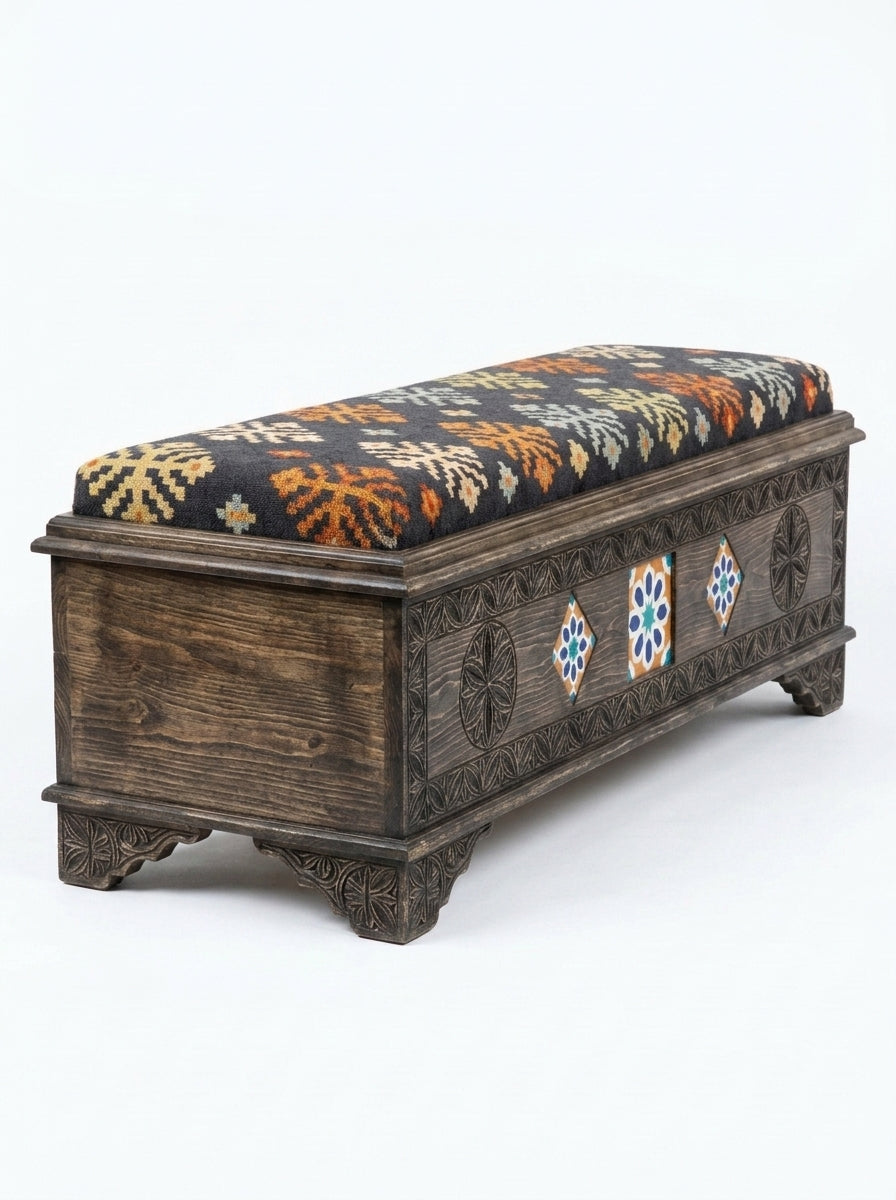 Hand-Carved Wooden Storage Bench with Mosaic Tile Swati Art Ottoman