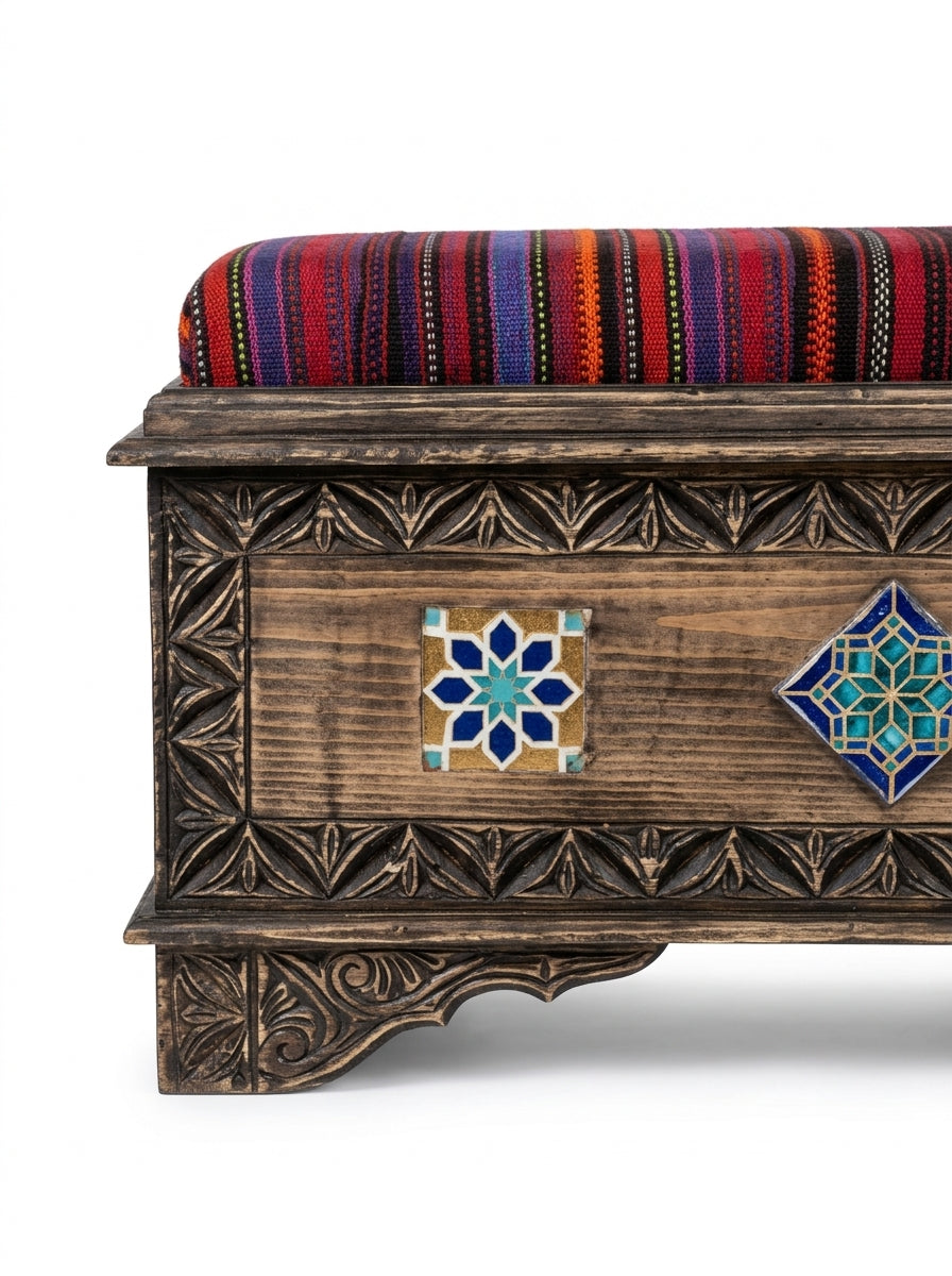 Hand-Carved Swati Wooden Storage Bench with Striped Kilim Cushion