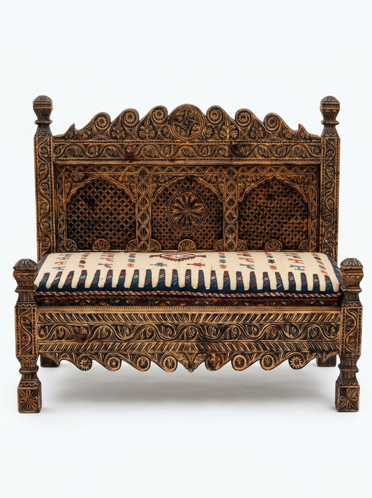 Hand-Carved Swati Wooden Bench with Upholstered Seat