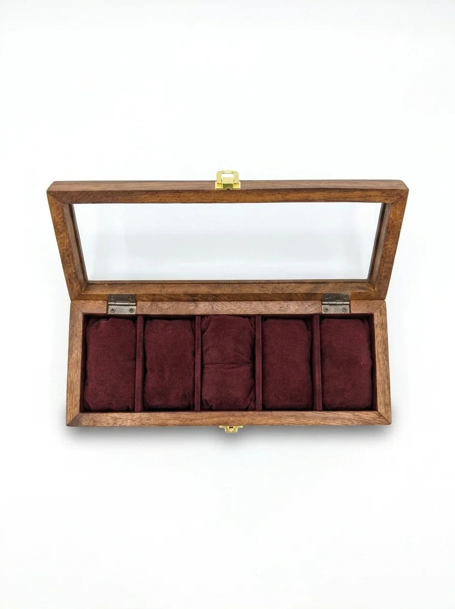 Handcrafted Sheesham Wood Watch Box with Glass Lid | Organizer for 5 Watches