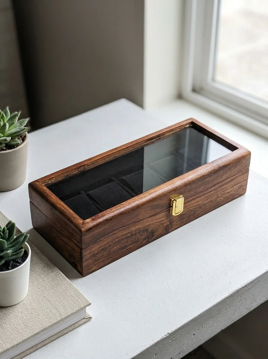 Handcrafted Wooden Watch Box 5 Slots | Glass Lid, Shape-Holding Cushions | Sheesham Wood