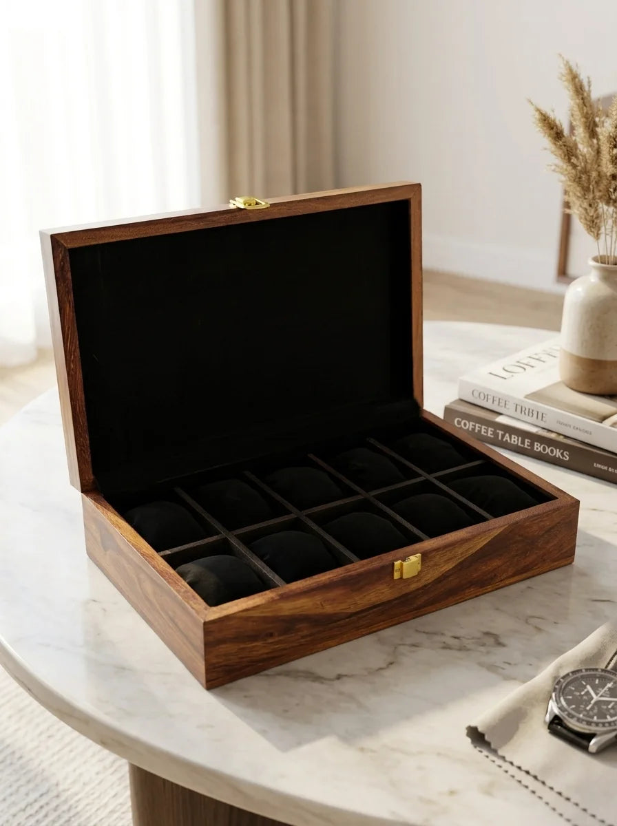 Handcrafted Wooden Watch Box, 10 Slots | Plain Top, Plain Design | Sheesham Wood