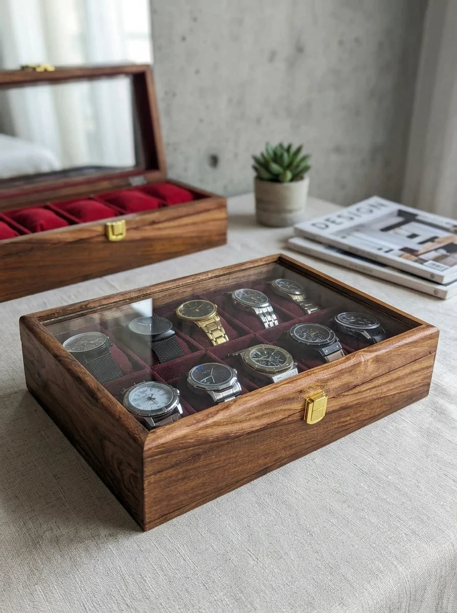 Handcrafted Wooden Watch Box 10 Slots | Glass Lid, Plain Design | Sheesham Wood