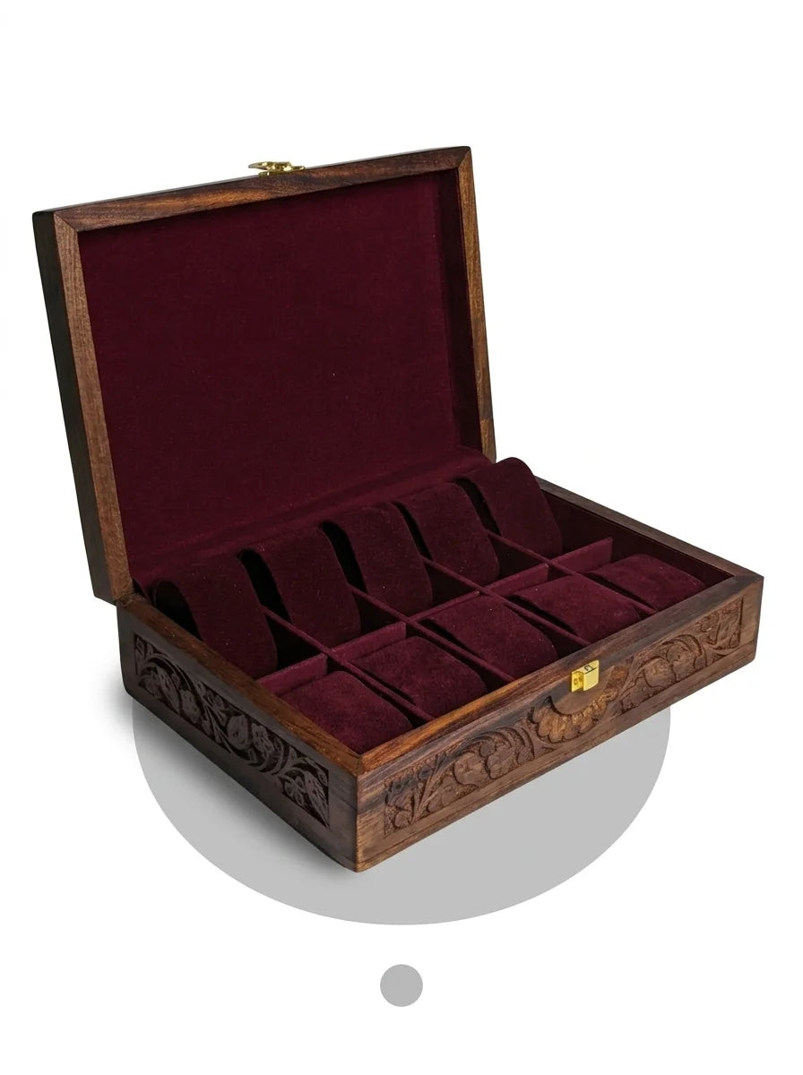 Handcrafted Wooden Watch Box | Plain Top, Carved Sides, Shape-Holding Cushions, 10 Watches